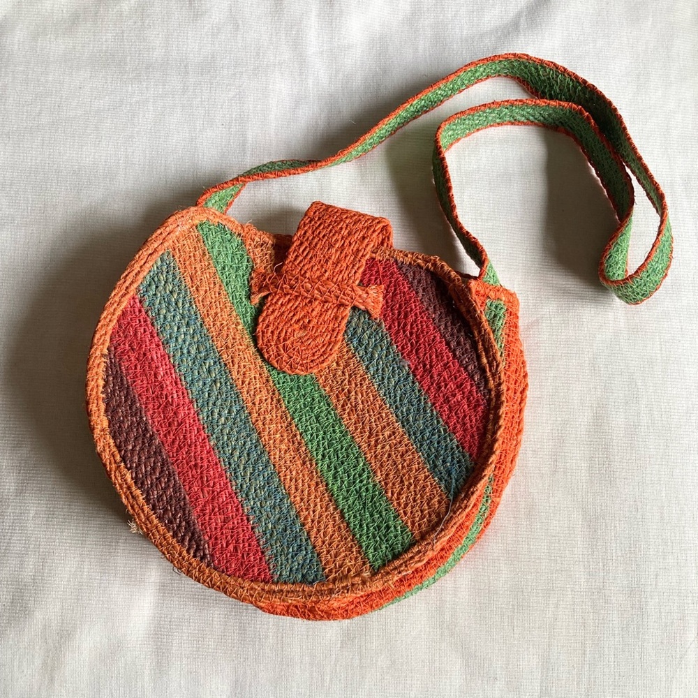 Vintage Colorful Rainbow Stripes Straw Round Crossbody Bag Purse